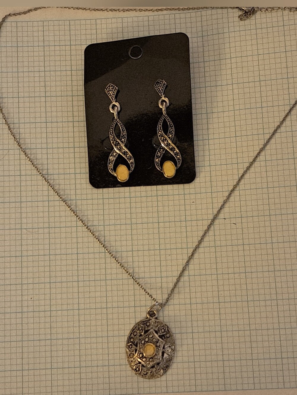 Silver Marcasite & Moonstone Yellow Accent Pendant Necklace w/ Match Earring Set